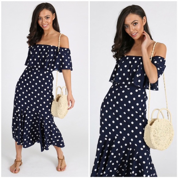 polka dot bardot midi dress